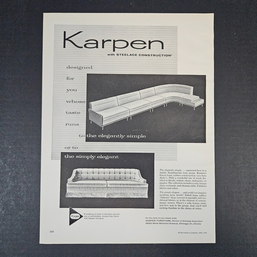 1957 Karpen Furniture Steelace Construction Vintage Print Ad Schnadig Corp